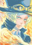  1boy blonde_hair cravat fire goggles goggles_on_hat hat highres looking_at_viewer male male_focus one_piece sabo_(one_piece) scar solo top_hat 