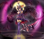  arm_up bare_shoulders black_hair blackdeeno breasts cleavage feathers flower full_moon hair_flower hair_ornament jewelry large_breasts moon persephone_(p&amp;d) pointy_ears purple_eyes puzzle_&amp;_dragons ripples scythe solo tiara wings 