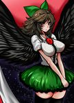  black_hair black_legwear blush bow breasts cape commentary_request hair_bow kuri-magu_kuroguro large_breasts looking_at_viewer red_background red_eyes reiuji_utsuho skirt solo third_eye touhou wings 