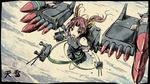  :d artist_name bike_shorts cannon gloves hair_ribbon highres kagerou_(kantai_collection) kantai_collection looking_at_viewer machinery missile open_mouth pleated_skirt red_hair ribbon school_uniform short_sleeves short_twintails skirt smile solo standing standing_on_liquid tenrai traditional_media turret twintails v-shaped_eyebrows white_gloves 
