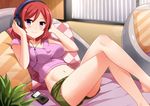  bare_legs barefoot blush breasts crop_top crop_top_overhang crossed_legs digital_media_player headphones indoors lens_flare long_legs looking_at_viewer love_live! love_live!_school_idol_project lying medium_breasts midriff mmrailgun navel nishikino_maki on_back pillow purple_eyes red_hair shiny shiny_skin shirt short_hair shorts smile solo stomach striped taut_clothes taut_shirt window 
