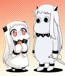  1girl carrot commentary cosplay covered_mouth dress horns kantai_collection long_hair mayonnaise mittens moomin muppo northern_ocean_hime northern_ocean_hime_(cosplay) red_eyes shinkaisei-kan trembling white_dress white_hair yamato_nadeshiko 