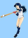  baseball baseball_bat baseball_helmet baseball_jersey baseball_uniform blue_background blue_eyes blue_hair cleats gloves hat helmet long_hair lum nippon_professional_baseball short_shorts shorts simple_background solo sportswear uesuto_(westriver) urusei_yatsura yokohama_dena_baystars 