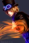  1boy blonde_hair coat fire gloves goggles goggles_on_hat hat male male_focus one_piece sabo_(one_piece) solo top_hat 