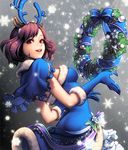  alternate_costume animal_ears antlers blue_gloves blue_santa_costume breasts brown_hair card_(medium) chaos_online christmas christmas_wreath gloves hairband looking_at_viewer love_cacao medium_breasts official_art open_mouth red_eyes reindeer_antlers reindeer_ears santa_costume shapina short_hair smile snowflakes solo wreath 