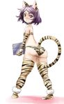  animal_ears animal_print ass bare_shoulders blush choker commentary_request elbow_gloves eyebrows flat_chest gloves kemonomimi_mode kototora looking_at_viewer original purple_eyes purple_hair short_hair solo strapless tail thighhighs tiger_ears tiger_print tiger_tail tubetop yohane 