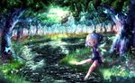  akisha bad_id bad_pixiv_id bare_legs barefoot blue_dress blue_eyes blue_hair bow cirno dappled_sunlight dress forest grass hair_bow highres light_rays nature puffy_short_sleeves puffy_sleeves scenery shirt short_hair short_sleeves sitting soaking_feet solo stream sunbeam sunlight touhou tree tree_shade water 