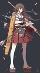  akagi_(kantai_collection) arrow bow_(weapon) brown_eyes brown_hair flight_deck ghost_(ghost528) hakama highres holding japanese_clothes kantai_collection long_hair machinery muneate petals pleated_skirt red_hakama simple_background sketch skirt solo thighhighs weapon white_legwear wind zettai_ryouiki 