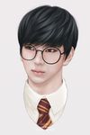  1boy 2015 bangs black_hair brown_eyes bust cosplay glasses harry_potter k-pop leo_(vixx) male male_focus necktie portrait realistic simple_background solo vixx 