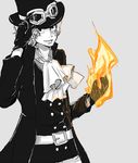  1boy fire gloves goggles goggles_on_hat hand_on_hat hand_on_headwear hat male male_focus one_piece sabo_(one_piece) solo spot_color top_hat 