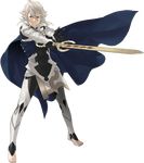  absurdres armor barefoot cape fire_emblem fire_emblem_if full_body gauntlets hair_between_eyes highres kozaki_yuusuke male_focus male_my_unit_(fire_emblem_if) my_unit_(fire_emblem_if) official_art pointy_ears red_eyes solo sword transparent_background weapon 