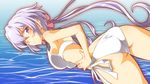  1girl ahoge ass bikini blush breasts butt_crack embarrassed from_below lavender_hair long_hair looking_back purple_eyes scrunchie senki_zesshou_symphogear solo strap_gap swimsuit twintails water yukine_chris yuto_(dialique) 