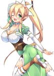  blonde_hair boots breasts cleavage green_eyes iroha_(unyun) large_breasts leafa long_hair pointy_ears ponytail simple_background solo sword sword_art_online very_long_hair weapon white_background 