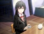  bad_aspect_ratio black_hair blue_eyes cup highres long_hair school_uniform screencap solo table teacup teapot yahari_ore_no_seishun_lovecome_wa_machigatteiru. yukinoshita_yukino 