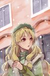  1girl atelier_(series) atelier_ayesha ayesha_altugle blonde_hair bonnet brown_eyes hair_ribbon highres long_hair long_sleeves reimaco ribbon snowing solo turtleneck upper_body winter_clothes 