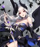  alternate_costume black_wings breasts card_(medium) chaos_online cowboy_shot feathered_wings feathers head_wings large_breasts long_hair looking_at_viewer love_cacao official_art parted_lips red_eyes sheryl_(chaos_online) smile solo sword weapon white_hair wings 