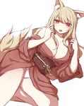  animal_ears blonde_hair breasts cleavage fox_ears fox_tail highres japanese_clothes kimono large_breasts looking_at_viewer lying obi off_shoulder on_side open_clothes open_kimono open_mouth original panties pantyshot pantyshot_(lying) red_eyes sash smile solo tail underwear upskirt white_panties zenn 