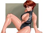 bare_shoulders breasts brown_eyes brown_hair front_zipper_swimsuit highres large_breasts looking_at_viewer meme_attire nokaze_koyama one-piece_swimsuit original parted_lips shiny shiny_clothes short_hair solo swimsuit 
