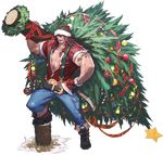  absurdres alternate_costume artist_request axe bauble beanie beard belt boots brown_eyes brown_hair candy candy_cane chaos_online christmas christmas_ornaments christmas_tree christmas_wreath facial_hair fingerless_gloves food full_body gloves hat highres holly kunkka_(chaos_online) long_hair looking_at_viewer lumberjack male_focus muscle official_art open_mouth red_gloves red_nose reindeer single_glove solo star suspenders tattoo transparent_background tree_stump weapon 