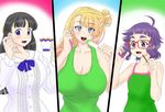  asymmetrical_hair black_hair blonde_hair breasts cellphone cleavage column_lineup cup flat_chest food freckles galko glasses green_swimsuit large_breasts long_hair makkuro_rokusuke multiple_girls ojou_(galko) one-piece_swimsuit oshiete!_galko-chan otako_(galko) phone pocky popsicle purple_eyes purple_hair short_hair side_bun smartphone swimsuit talking_on_phone teacup 