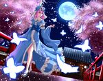  bad_id bad_pixiv_id blue_moon bug butterfly cherry_blossoms collarbone full_moon hat highres insect japanese_clothes moon pink_eyes pink_hair saigyouji_yuyuko smile solo tasogare_(ddfftasogare) touhou triangular_headpiece walking zouri 