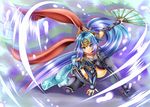  black_legwear blackdeeno blue_eyes blue_hair bow breasts cleavage fan folding_fan gauntlets greaves hatsume_(p&amp;d) headgear long_hair medium_breasts ninja ponytail puzzle_&amp;_dragons red_bow red_scarf sash scarf solo thighhighs thighs very_long_hair 