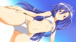  :o bikini blue_eyes blue_hair blush breasts cleavage dutch_angle embarrassed from_below gradient gradient_background hand_on_thigh kazanari_tsubasa navel senki_zesshou_symphogear slender small_breasts solo swimsuit underboob yuto_(dialique) 