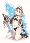  ahoge armor bikini bikini_armor blonde_hair blue_eyes boots elbow_gloves gloves hrd kneeling long_hair looking_at_viewer original planted_sword planted_weapon solo swimsuit sword weapon 