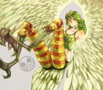  1girl donquixote_pirates green_hair harpy jolly_roger monet_(one_piece) monster_girl one_piece smile solo striped_legwear wings 