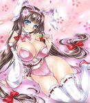  animal_ears arm_support at_classics black_hair bow bowtie breasts bunny_ears bunny_girl bunnysuit cherry_blossoms cleavage dango detached_collar food gigantic_breasts japanese_clothes kimono long_hair low-tied_long_hair obi original petals ribbon-trimmed_legwear ribbon_trim sash skewer tabi thighhighs traditional_media very_long_hair wagashi 