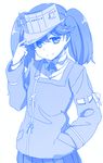  adjusting_clothes adjusting_hat blue commentary_request hand_in_pocket hat himura_kiseki kantai_collection looking_at_viewer monochrome ryuujou_(kantai_collection) skirt smile solo twintails visor_cap 