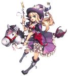  alternate_costume aqua_eyes blonde_hair boots broken_(chaos_online) broom broom_riding chaos_online full_body hat hobby_horse long_hair love_cacao official_art pinky_out skull smile solo transparent_background wand witch witch_hat 
