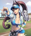 alternate_costume baseball_cap baseball_mitt baseball_stadium blue_eyes breasts brown_hair card_(medium) chaos_online cleavage cloud collarbone cowboy_shot day demon_horns earrings fingernails front-tie_top hat horns jacket jewelry large_breasts long_fingernails long_hair love_cacao midriff navel official_art open_clothes open_jacket outdoors parted_lips pleated_skirt ponytail serena_(chaos_online) shirt skirt sky solo throwing tied_shirt 