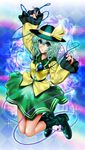  aqua_hair blouse boots bow checkered checkered_background flower green_eyes hat hat_bow heart heart_of_string highres jumping knees_together_feet_apart komeiji_koishi light_particles looking_at_viewer open_mouth pointing pointing_up short_hair skirt solo sparkle third_eye touhou umami_(sakeikura) wide_sleeves 