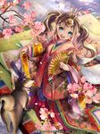  blue_eyes brown_hair cherry_blossoms dog fan floral_print folding_fan genjiguruma hair_ornament hat hat_ribbon hinamatsuri japanese_clothes kimono layered_clothing layered_kimono long_hair long_sleeves official_art open_mouth original petals pisuke ribbon saishi seisen_cerberus smile solo tongue tongue_out twig twintails wide_sleeves 