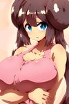  bare_shoulders blue_eyes breasts brown_hair double_bun huge_breasts long_hair looking_at_viewer mei_(pokemon) parted_lips pokemon pokemon_(game) pokemon_bw2 solo tokyo_(great_akuta) 
