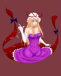  adapted_costume bad_id bad_pixiv_id blonde_hair bow breasts choker cleavage collarbone dress elbow_gloves eyes gap gloves hand_up hat hat_ribbon impossible_clothes impossible_dress large_breasts long_arms long_hair looking_at_viewer maroon_background mob_cap moya-shi off_shoulder pointing purple_dress red_eyes ribbon ribbon_choker simple_background smile solo thighs touhou very_long_hair white_gloves wide_hips yakumo_yukari 