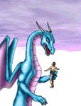  2003 animated anthro blue_scales brown_hair claws cloud dragon english_text eyes_closed female flower hair holding horn human internal low_res male mammal markie nude open_mouth outside plant purple_eyes purple_scales scalie size_difference sky smile teeth text vore wings 