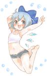  :d arms_up blue_eyes blue_hair blush bow cirno crop_top hair_bow happy ice ice_wings jumping large_bow navel open_mouth rattorun short_shorts shorts smile solo touhou wings 