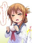  &gt;_&lt; admiral_(kantai_collection) brown_hair closed_eyes closed_mouth coffee cup folded_ponytail gloves inazuma_(kantai_collection) kantai_collection long_hair long_sleeves magenta_(atyana) neckerchief open_mouth out_of_frame school_uniform serafuku solo_focus teacup tears thumbs_up tongue tongue_out translated wavy_mouth 