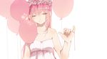  bad_id bad_pixiv_id balloon bare_shoulders closed_eyes commentary danjou_sora dress flower head_wreath just_be_friends_(vocaloid) long_hair megurine_luka pink_hair pinky_out red_string rose simple_background solo strapless strapless_dress string string_around_finger vocaloid white_background white_dress white_flower white_rose 