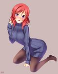  :d blush dated dress full_body highres looking_at_viewer love_live! love_live!_school_idol_project nishikino_maki open_mouth pantyhose purple_eyes red_hair ribbed_sweater short_hair simple_background smile solo sweater sweater_dress turtleneck yu-ta 
