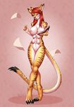  2015 alanscampos anthro big_breasts blue_eyes book breasts claws digitigrade fangs feline female hair looking_at_viewer mammal multi_breast multiple_ears nude pussy red_hair sabertooth smile solo stripes wide_hips 