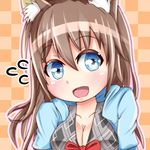  animal_ears blue_eyes blush breasts brown_hair checkered checkered_background cleavage flying_sweatdrops igakusei long_hair medium_breasts open_mouth original smile solo 