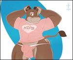  2015 aaron_(artist) anthro balls biceps bulge clothed clothing erection half-dressed hippopotamus jockstrap male mammal penis pose shirt underwear wide_hips 