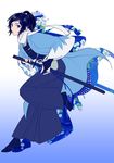  :o bad_id bad_pixiv_id black_hair blue_background blue_eyes blue_hakama bridal_gauntlets flower gradient gradient_background hakama haori high_ponytail japanese_clothes male_focus mole mole_under_eye ponytail ready_to_draw scarf shinsengumi solo sword touken_ranbu weapon white_background white_scarf yamato-no-kami_yasusada yano_(404878) zouri 