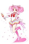  :d bad_id bad_pixiv_id big_hair bishoujo_senshi_sailor_moon boots character_name chibi_usa choker double_bun elbow_gloves full_body gloves hair_ornament hairclip heart heart_choker holding holding_wand knee_boots korean looking_at_viewer miniskirt multicolored multicolored_clothes multicolored_skirt open_mouth outstretched_arm pink_eyes pink_footwear pink_hair pink_moon_stick pink_sailor_collar pleated_skirt sailor_chibi_moon sailor_collar sailor_senshi_uniform shainea signature skirt smile solo standing standing_on_one_leg super_sailor_chibi_moon twintails wand white_background white_gloves 