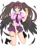  bad_id bad_pixiv_id bag black_legwear black_wings breast_pocket breasts brown_hair cellphone checkered checkered_skirt collarbone collared_shirt feathered_wings feathers hair_ribbon handbag hat himekaidou_hatate kneehighs large_breasts long_hair moya-shi necktie no_shoes phone pocket puffy_short_sleeves puffy_sleeves purple_eyes ribbon shirt short_sleeves simple_background skirt smile solo thighs tie_clip tokin_hat touhou twintails very_long_hair white_background wings 