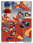  anthro bed canine carmelita_fox comic female female_on_top fox gun hat kissing mammal on_top penis raccoon ranged_weapon recurrent sly_cooper sly_cooper_(series) twisting_tails weapon 