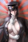  akitsu_maru_(kantai_collection) areola_slip areolae black_hair breasts come_hither gloves hat kantai_collection large_breasts lips looking_at_viewer military military_uniform nipples no_bra open_clothes open_shirt pale_skin peaked_cap remodel_(kantai_collection) sgk shirt shirt_on_shoulders short_hair solo uniform upper_body 